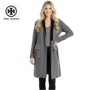 Tory Burch Gray Knit Cardigan Sweater Jacket with Black Trim